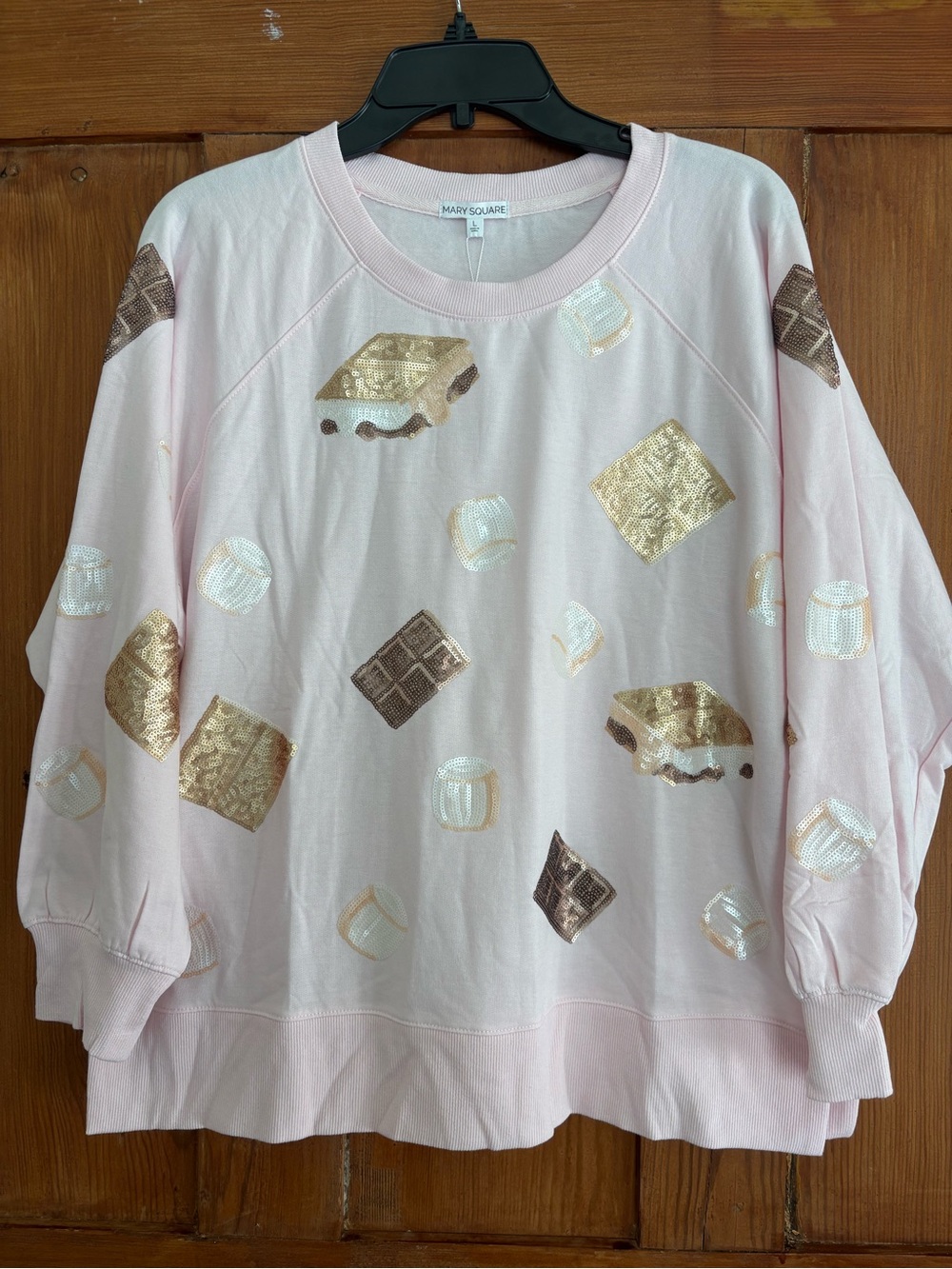 NWT Mary Square S’mores Katie Sweatshirt Pink Sequins Top Size Large L
